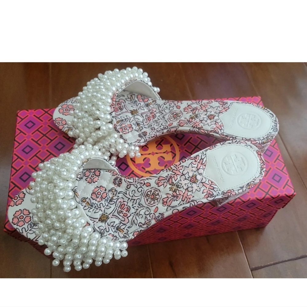 Tory Burch NEW Tatiana 45MM Satin Hicks Garden Slide Sandal Pearls Size 8